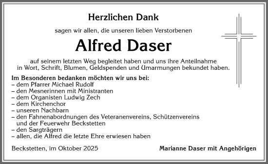 Traueranzeige von Alfred Daser von Allgäuer Zeitung, Kaufbeuren/Buchloe