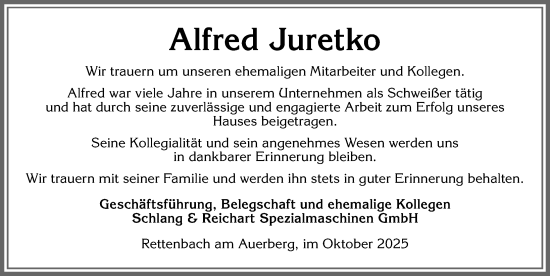 Traueranzeige von Alfred Juretko von Allgäuer Zeitung, Marktoberdorf