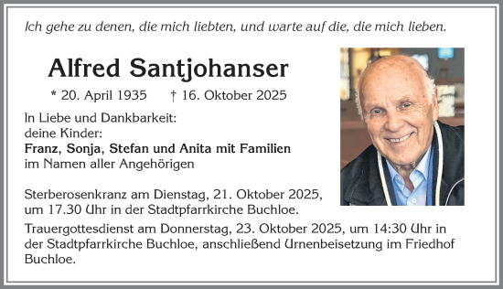 Traueranzeige von Alfred Santjohanser von Allgäuer Zeitung, Kaufbeuren/Buchloe