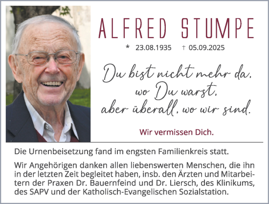 Traueranzeige von Alfred Stumpe von Allgäuer Zeitung, Kaufbeuren/Buchloe