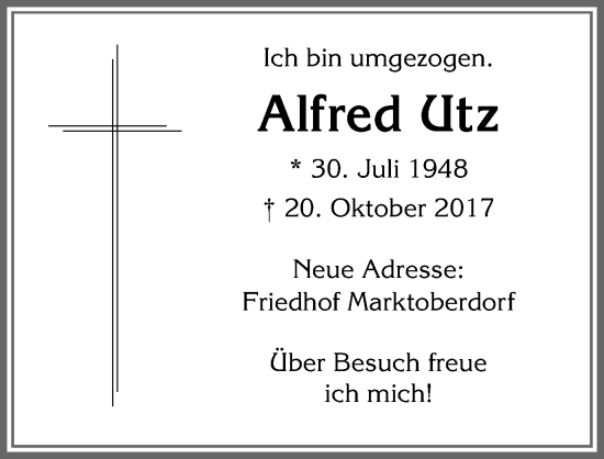 Traueranzeige von Alfred Utz von Allgäuer Zeitung, Marktoberdorf