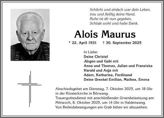 Traueranzeige von Alois Maurus von Allgäuer Zeitung,Kempten
