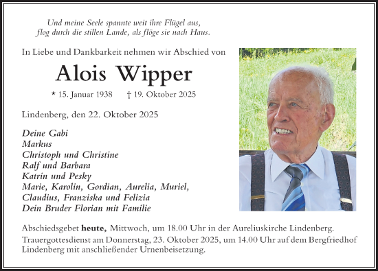 Traueranzeige von Alois Wipper von Der Westallgäuer