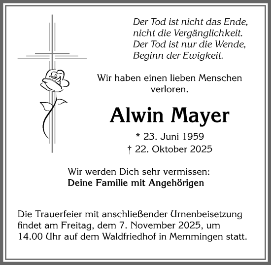 Traueranzeige von Alwin Mayer von Allgäuer Zeitung,Kempten