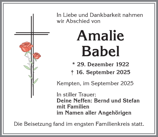 Traueranzeige von Amalie Babel von Allgäuer Zeitung,Kempten