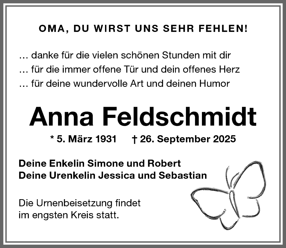  Traueranzeige für Anna Feldschmidt vom 04.10.2025 aus Memminger Zeitung