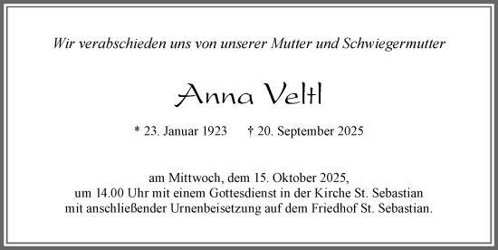 Traueranzeige von Anna Veltl von Allgäuer Zeitung, Füssen