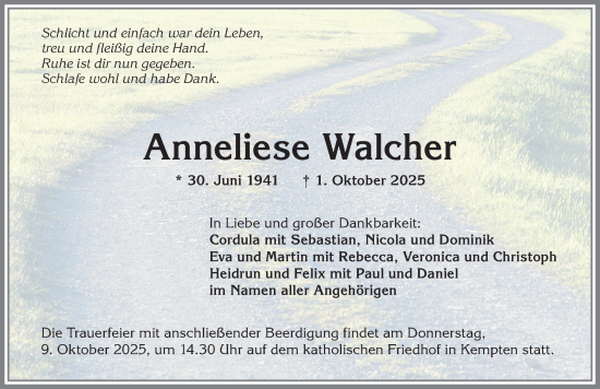 Traueranzeige von Anneliese Walcher von Allgäuer Zeitung,Kempten