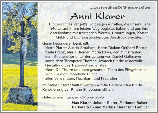 Traueranzeige von Anni Klarer von Allgäuer Zeitung, Kaufbeuren/Buchloe