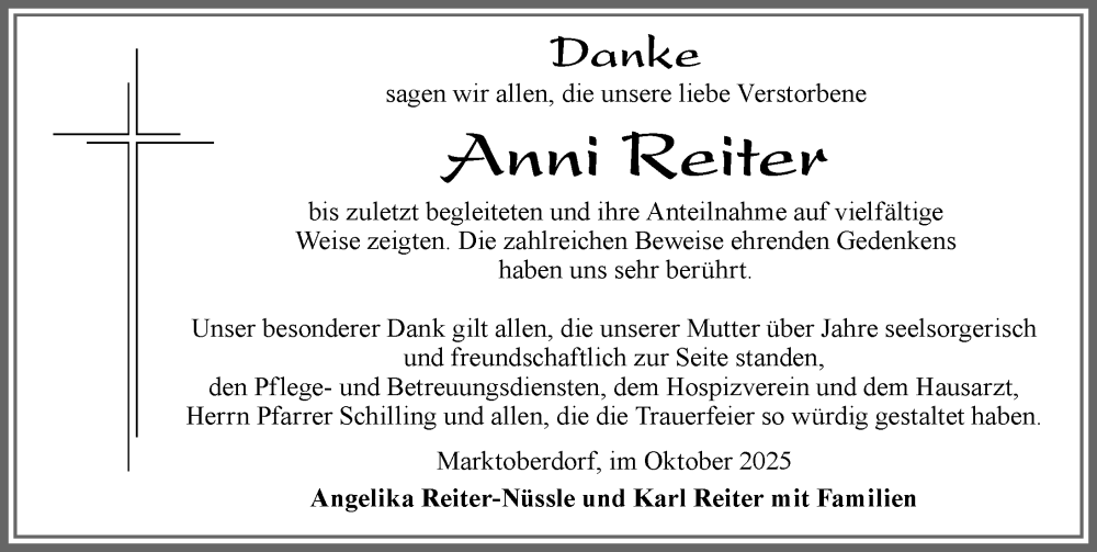  Traueranzeige für Anni Reiter vom 04.10.2025 aus Allgäuer Zeitung, Marktoberdorf