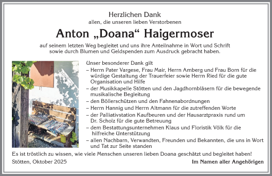Traueranzeige von Anton Haigermoser von Allgäuer Zeitung, Marktoberdorf
