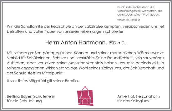 Traueranzeige von Anton Hartmann von Allgäuer Zeitung,Kempten
