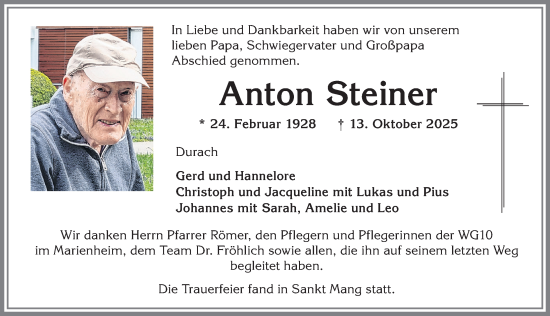 Traueranzeige von Anton Steiner von Allgäuer Zeitung,Kempten