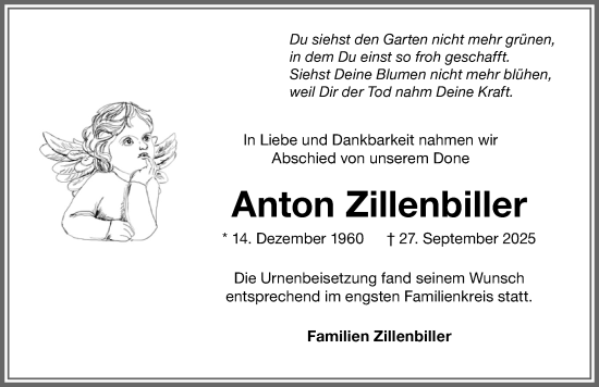 Traueranzeige von Anton Zillenbiller von Memminger Zeitung