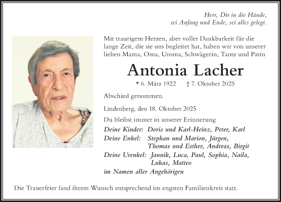 Traueranzeige von Antonia Lacher von Der Westallgäuer