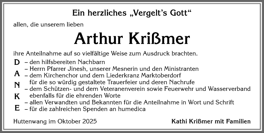  Traueranzeige für Arthur Krißmer vom 04.10.2025 aus Allgäuer Zeitung, Marktoberdorf