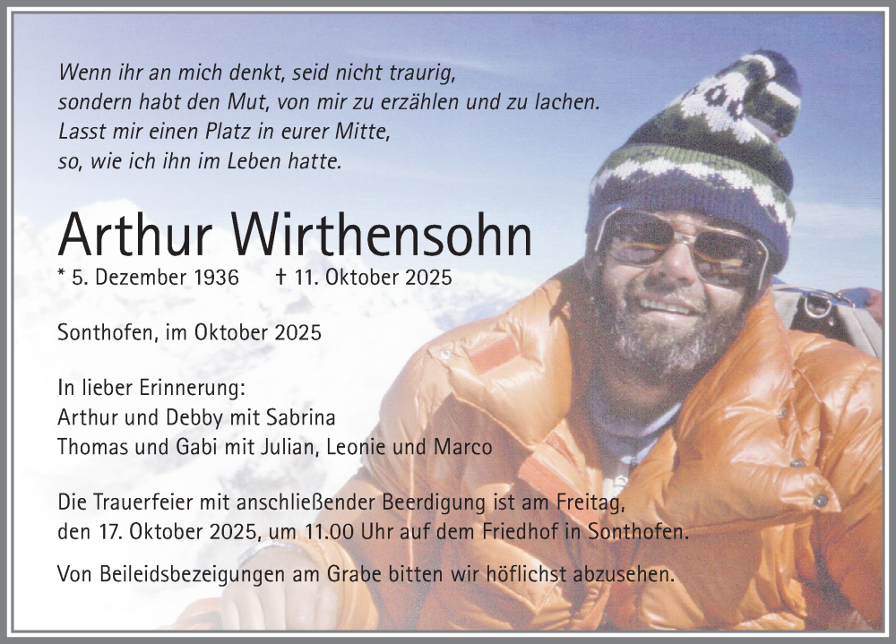  Traueranzeige für Arthur Wirthensohn vom 15.10.2025 aus Allgäuer Anzeigeblatt