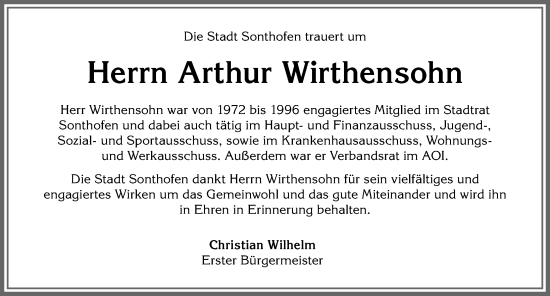 Traueranzeige von Arthur Wirthensohn von Allgäuer Anzeigeblatt