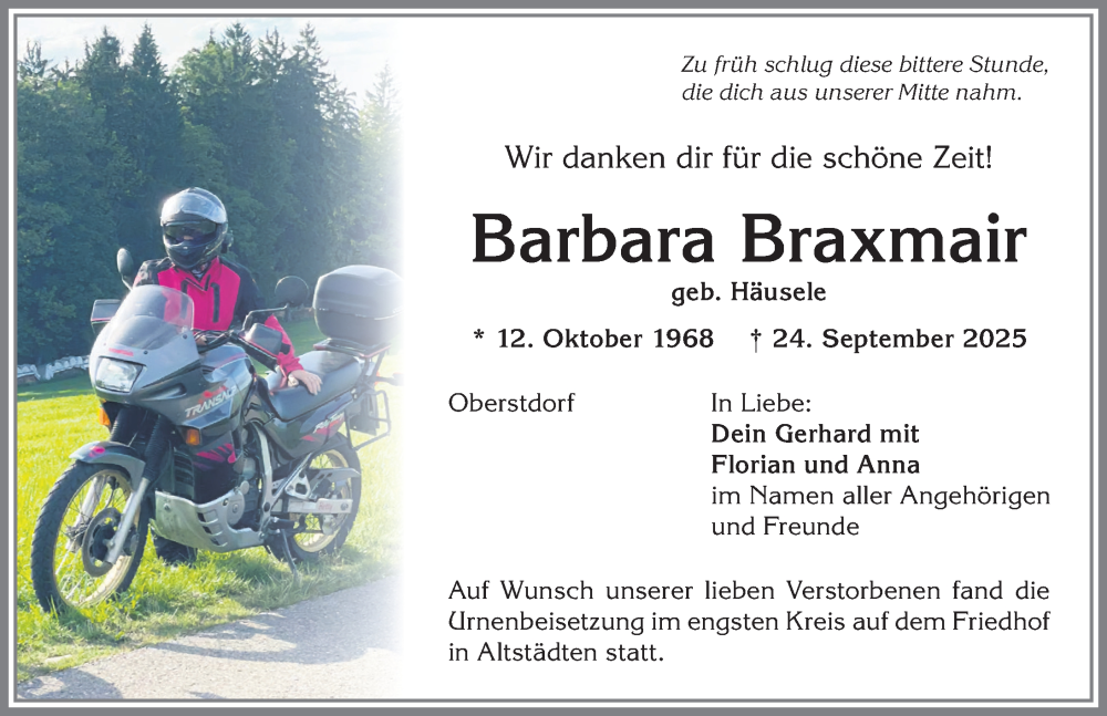  Traueranzeige für Barbara Braxmair vom 15.10.2025 aus Allgäuer Anzeigeblatt
