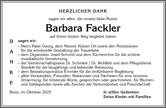 Traueranzeige von Barbara Fackler von Memminger Zeitung