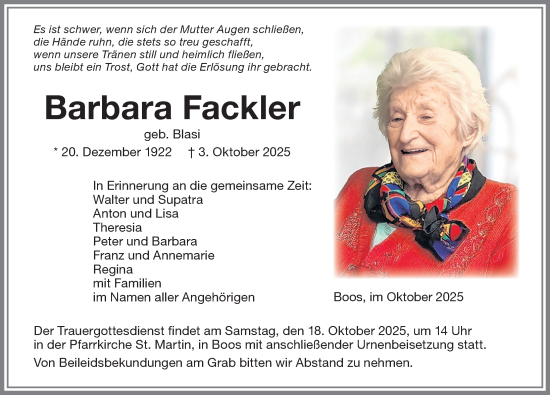 Traueranzeige von Barbara Fackler von Memminger Zeitung