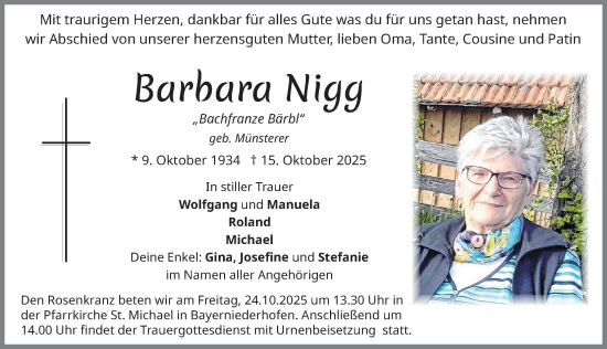 Traueranzeige von Barbara Nigg von Allgäuer Zeitung, Füssen