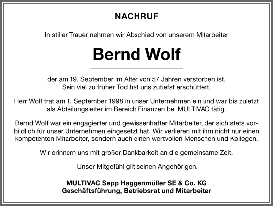 Traueranzeige von Bernd Wolf von Memminger Zeitung