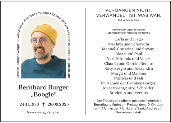 Traueranzeige von Bernhard Burger von Allgäuer Zeitung,Kempten