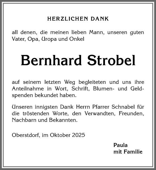 Traueranzeige von Bernhard Strobel von Allgäuer Anzeigeblatt