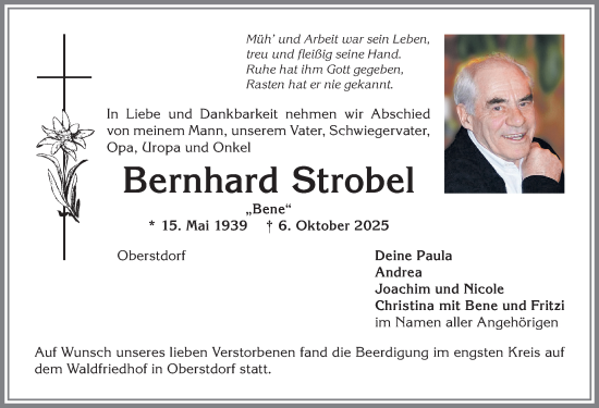Traueranzeige von Bernhard Strobel von Allgäuer Anzeigeblatt