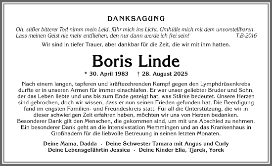 Traueranzeige von Boris Linde von Memminger Zeitung