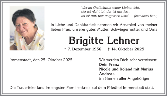 Traueranzeige von Brigitte Lehner von Allgäuer Anzeigeblatt