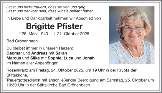Traueranzeige von Brigitte Pfister von Memminger Zeitung