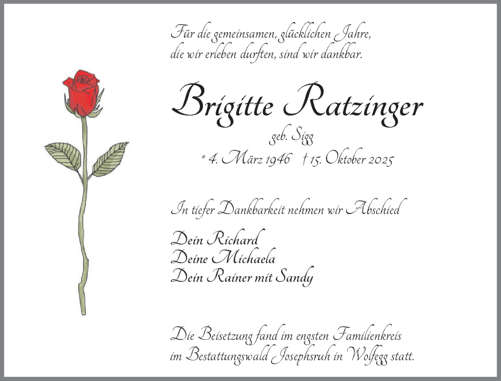  Traueranzeige für Brigitte Ratzinger vom 25.10.2025 aus Memminger Zeitung