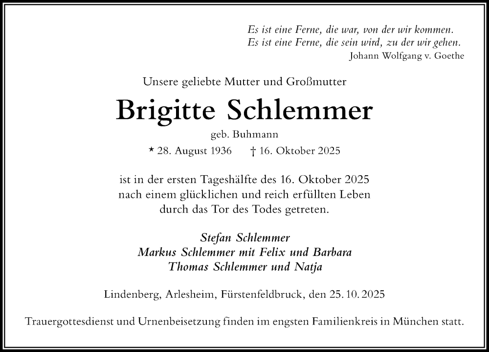  Traueranzeige für Brigitte Schlemmer vom 25.10.2025 aus Der Westallgäuer