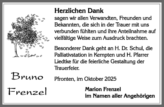Traueranzeige von Bruno Frenzel von Allgäuer Zeitung, Füssen
