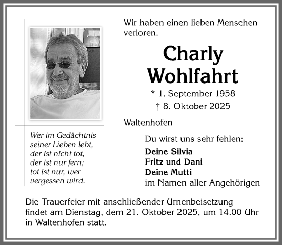 Traueranzeige von Charly Wohlfahrt von Allgäuer Zeitung,Kempten