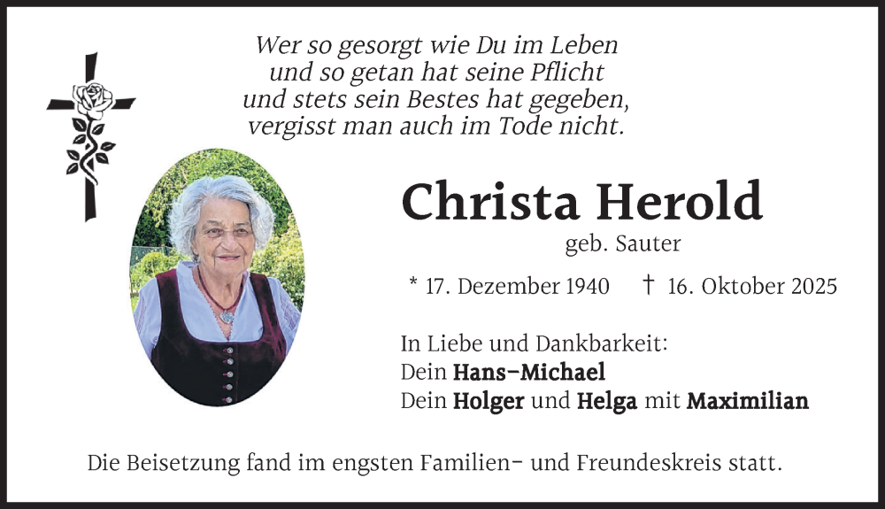  Traueranzeige für Christa Herold vom 25.10.2025 aus Allgäuer Zeitung, Marktoberdorf