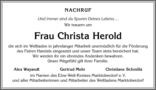 Traueranzeige von Christa Herold von Allgäuer Zeitung, Marktoberdorf