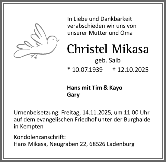 Traueranzeige von Christel Mikasa von Allgäuer Zeitung,Kempten