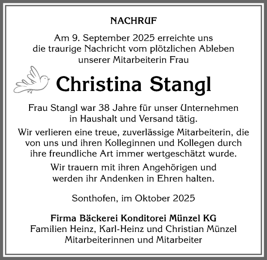 Traueranzeige von Christina Stangl von Allgäuer Anzeigeblatt