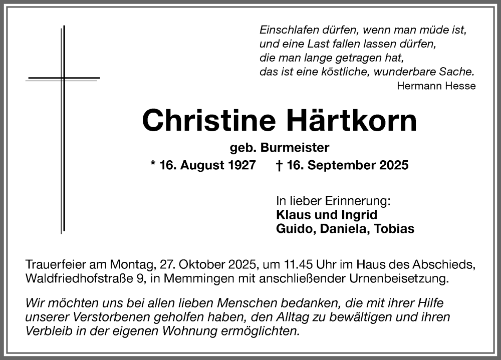  Traueranzeige für Christine Härtkorn vom 18.10.2025 aus Memminger Zeitung