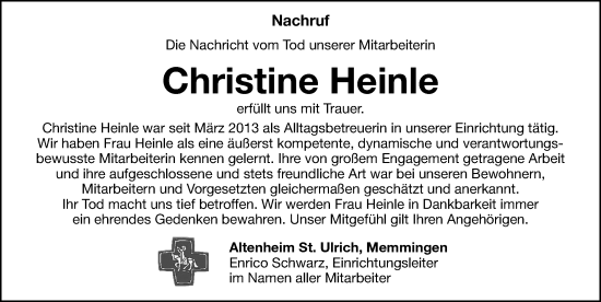 Traueranzeige von Christine Heinle von Memminger Zeitung