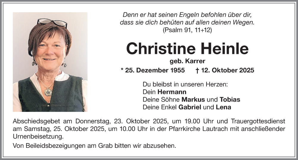  Traueranzeige für Christine Heinle vom 18.10.2025 aus Memminger Zeitung