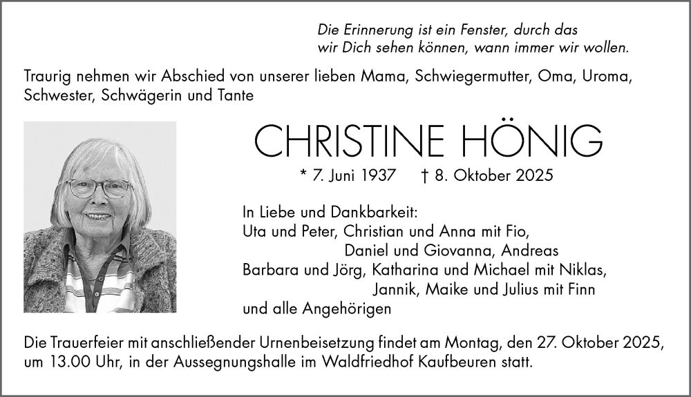  Traueranzeige für Christine Hönig vom 18.10.2025 aus Allgäuer Zeitung, Kaufbeuren/Buchloe