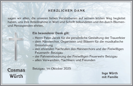 Traueranzeige von Cosmas Würth von Allgäuer Zeitung,Kempten