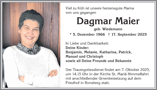 Traueranzeige von Dagmar Maier von Allgäuer Zeitung, Marktoberdorf