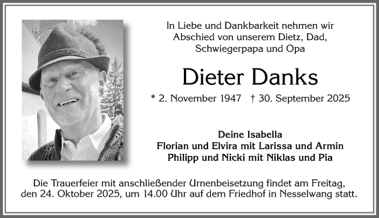 Traueranzeige von Dieter Danks von Allgäuer Zeitung, Füssen