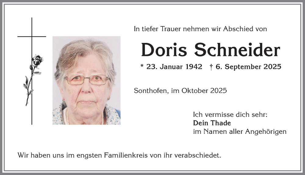  Traueranzeige für Doris Schneider vom 15.10.2025 aus Allgäuer Anzeigeblatt