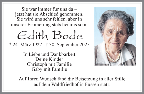 Traueranzeige von Edith Bode von Allgäuer Zeitung, Füssen